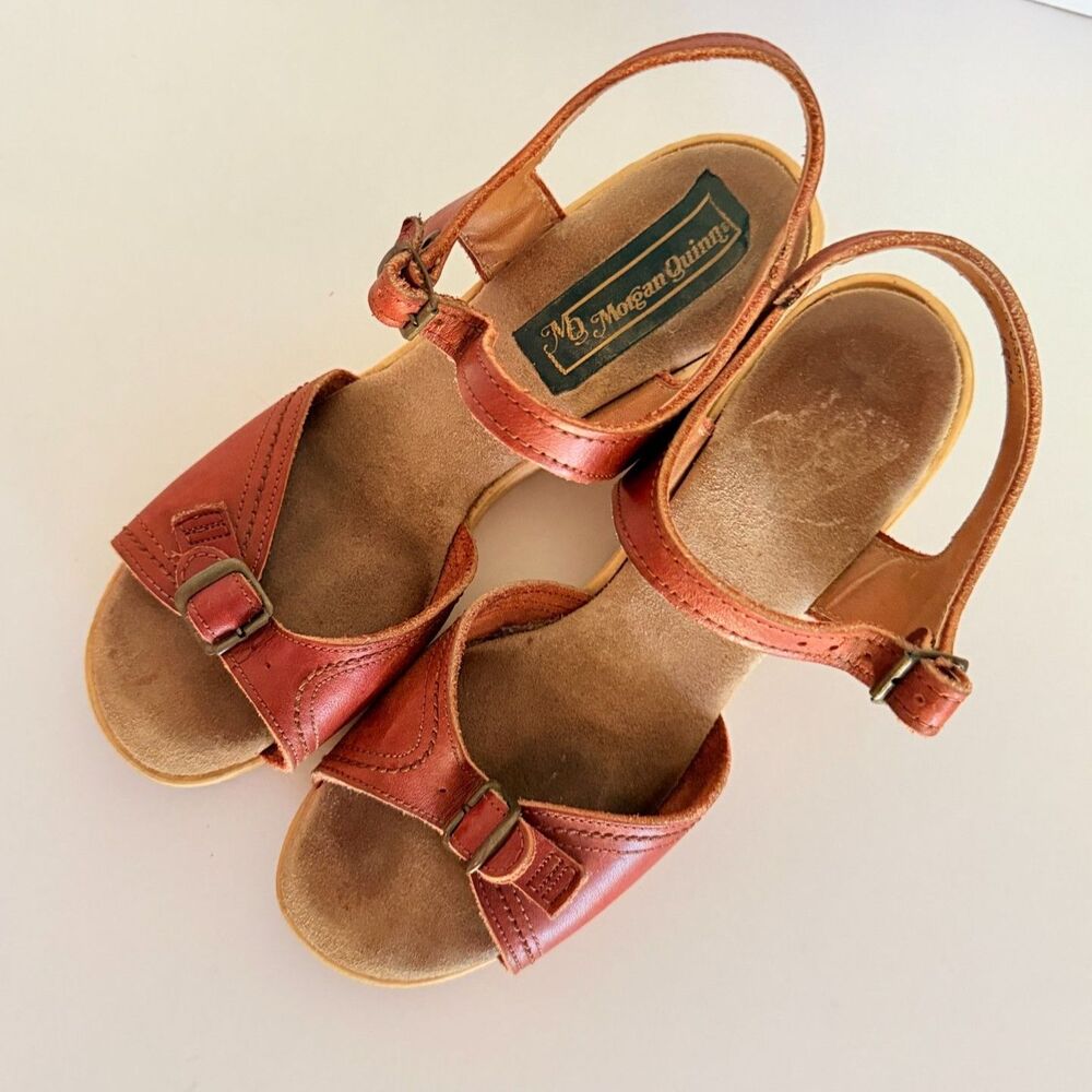 Morgan Quinn VTG 70s Platform Brown Leather Wedge Sandals 8.5 Ankle Strap Buckle - Picture 1 of 9